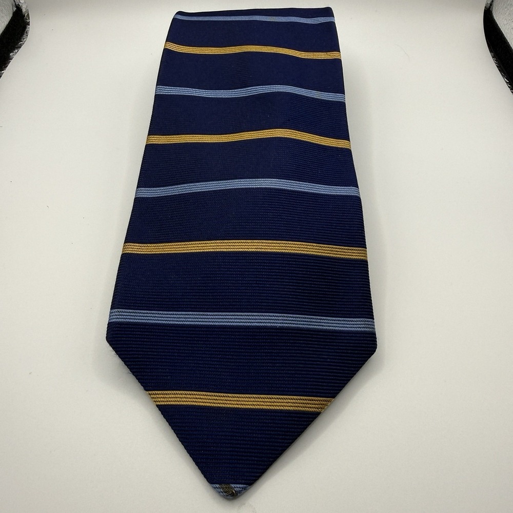 Brooks Brothers Makers‎ 100% Silk Tie Navy Gold Blue Stripe 3.75" x 57"